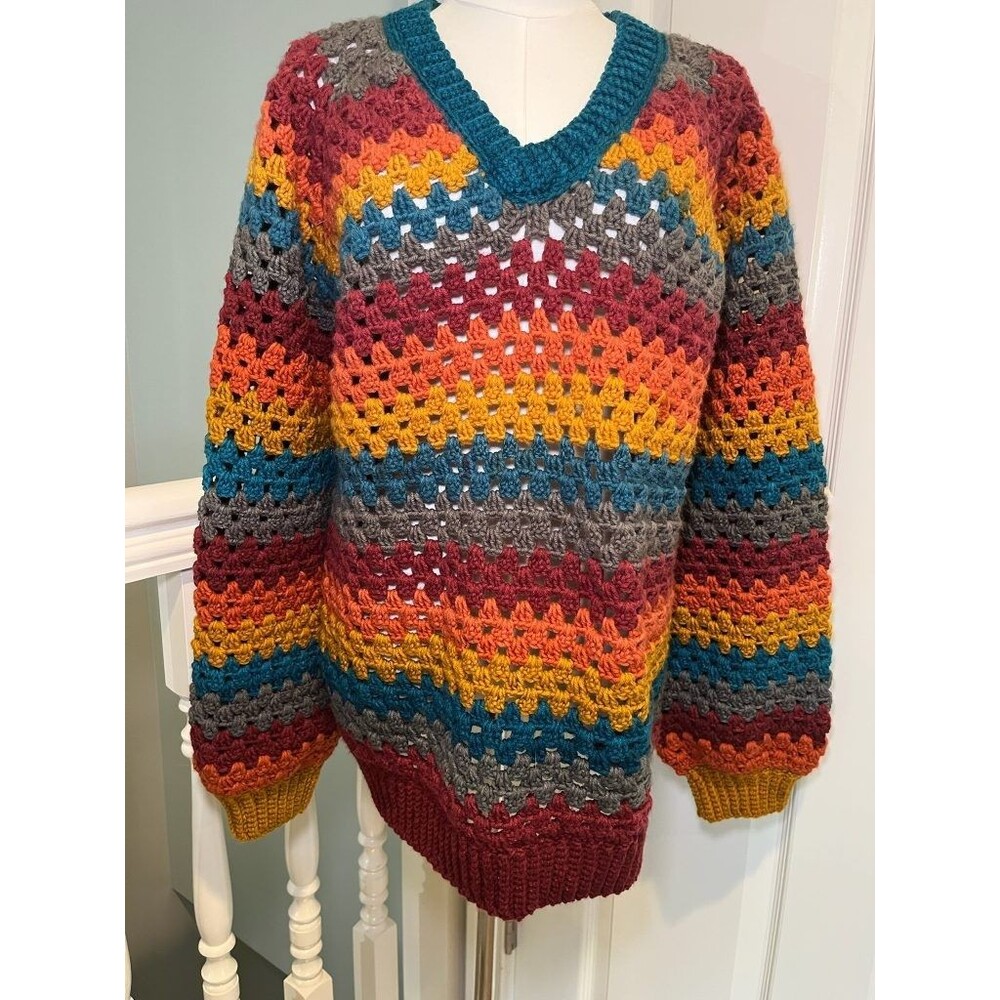 Handmade Crochet Granny Stripe Sweater V-Neck Boho Rainbow Chunky Knit L/XL